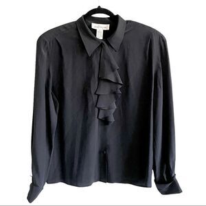 JONES NEW YORK Vintage Black Silk Button Front Ruffle Blouse 8